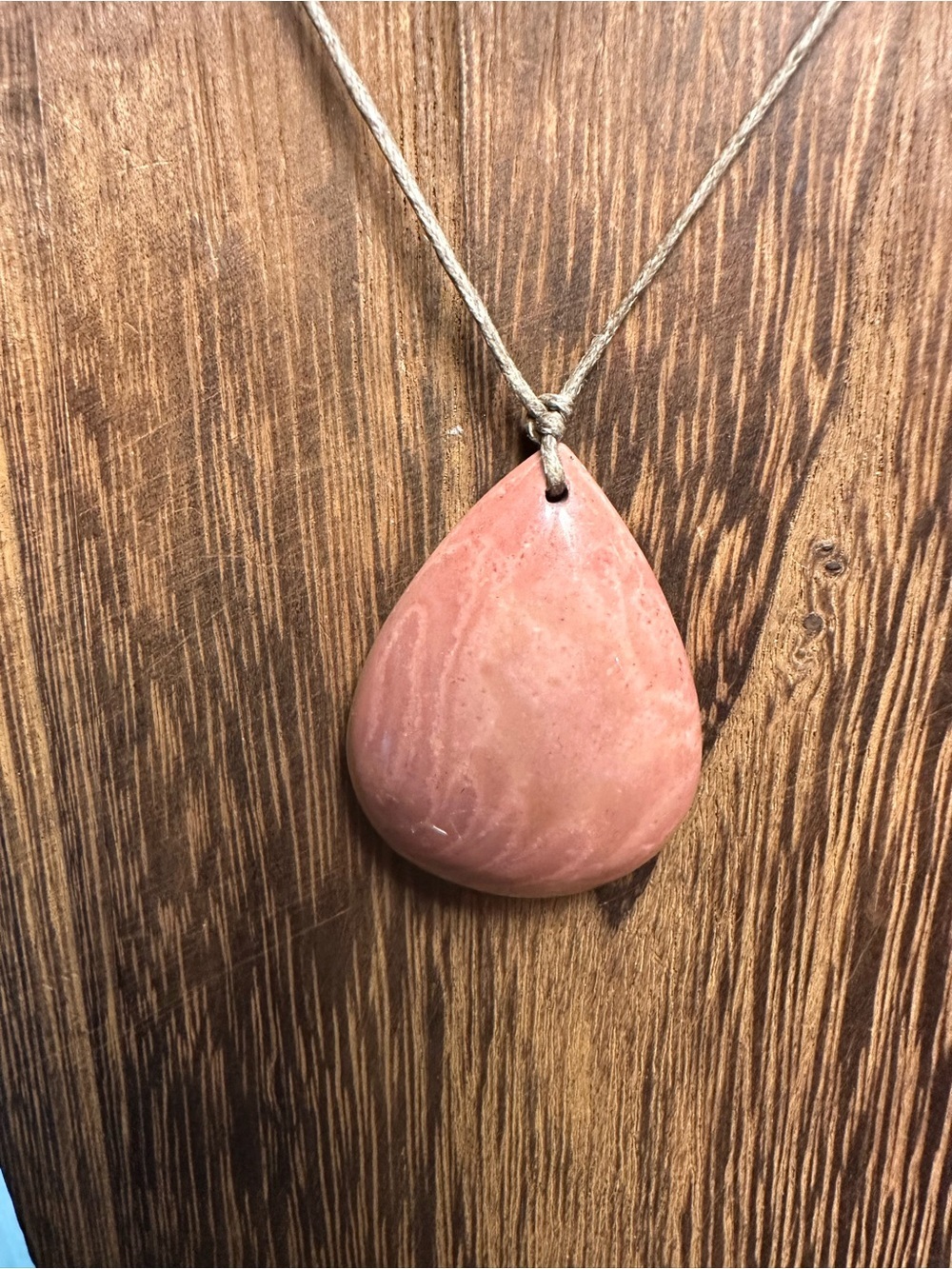 Minimalist Polychrome Jasper Teardrop Pendant Necklace on Thin Brown Rope - Picture 12 of 16
